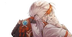  1boy animal armor cat closed_eyes closed_mouth fingernails genshin_impact grey_hair highres hug japanese_armor kaedehara_kazuha male_focus multicolored_hair orange_hair pauldrons ponytail s_t_k_n_1 shoulder_armor single_pauldron smile sode streaked_hair tassel upper_body vision_(genshin_impact) 