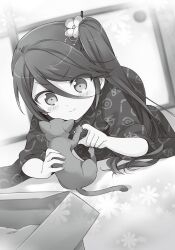  029 1girl animal blurry blurry_background blush box cat closed_mouth flower_ornament greyscale hair_between_eyes hair_ornament hataraku_maou-sama! highres holding holding_animal holding_cat indoors japanese_clothes kamazuki_suzuno kimono long_hair long_sleeves lying monochrome novel_illustration official_art on_stomach pointing side_ponytail sleeves_pushed_up solo third-party_source v-shaped_eyebrows wide_sleeves 