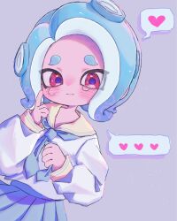  1girl blue_hair blue_skirt closed_mouth commentary_request furrowed_brow heart highres looking_at_viewer medium_hair octoling octoling_girl octoling_player_character pleated_skirt purple_background red_eyes sad sailor_collar sailor_shirt shirt short_eyebrows simple_background sjjtyysj78 skirt solo splatoon_(series) spoken_heart standing tearing_up tentacle_hair thick_eyebrows wavy_hair 