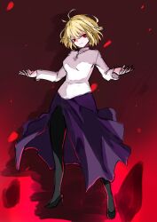  1girl arcueid_brunestud arms_at_sides black_pantyhose blonde_hair breasts commentary_request floating_clothes floating_hair full_body grin highres huge_breasts jewelry jumping looking_at_viewer necklace paca_moja_man pantyhose purple_skirt red_arcueid red_background red_eyes short_hair side_slit skirt smile solo sweater tsukihime tsukihime_(remake) turtleneck turtleneck_sweater wavy_hair white_sweater 