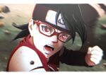  1girl artist_name black_hair black_sleeves border boruto:_naruto_next_generations clenched_hand detached_sleeves floating_hair glasses headband highres leslychoco15 letterboxed long_sleeves motion_blur naruto_(series) open_mouth portrait red-framed_eyewear red_eyes shiny shiny_hair short_hair solo uchiha_sarada white_border 