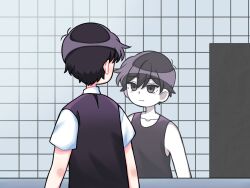  1boy antenna_hair bathroom black_eyes black_hair black_sweater_vest black_tank_top closed_mouth collarbone collared_shirt colored_skin commentary different_reflection double-parted_bangs dual_persona english_commentary expressionless hair_between_eyes highres indoors looking_at_mirror mirror omori omori_(omori) reflection reii163 shirt short_hair short_sleeves solo sunny_(omori) sweater_vest tank_top white_shirt white_skin 