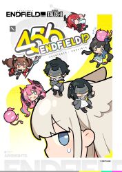  1boy 5girls :3 :d :o absurdres angelina_(arknights) animal_ears arknights arknights:_endfield artist_request bird_ears bird_girl black_hair brown_eyes brown_hair chen_qianyu_(arknights) chibi chibi_only commentary_request copyright_name dragon_girl dragon_horns dragon_tail endministrator_(arknights) female_endministrator_(arknights) flying_sweatdrops fox_ears fox_girl fox_tail gilberta_(arknights) hair_ornament hairclip hand_up highres horns jacket laevatain_(arknights) looking_to_the_side male_endministrator_(arknights) mask midair multiple_girls no_mouth official_art on_head open_mouth perlica_(arknights) pink_hair pink_horns red_eyes red_hair robot skirt smile surtr_(arknights) sweat tail v violet_eyes wavy_mouth white_hair yvonne_(arknights) 