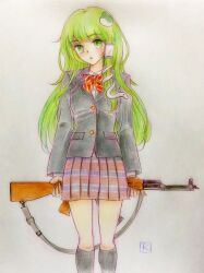  1girl akm assault_rifle black_socks blush bow bowtie buttons collared_shirt commentary_request frog_hair_ornament green_eyes green_hair grey_background grey_jacket gun hair_ornament highres holding holding_gun holding_weapon jacket kalashnikov_rifle kneehighs knees kochiya_sanae long_hair long_sleeves looking_up parted_lips pleated_skirt q-bee_(aaru) red_bow red_bowtie red_skirt rifle shirt skirt snake_hair_ornament socks solo striped_bow striped_bowtie striped_clothes thighs touhou traditional_media weapon white_shirt 