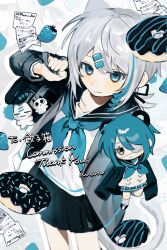  2girls :3 animal_ears bag black_sailor_collar blue_hair blue_neckerchief blue_skirt blue_streaks cat_ears cat_girl cat_tail chibi closed_mouth commentary_request commission doughnut food fruit grey_hair grey_jacket hair_ornament hairclip hand_up highres iwonu jacket layered_sleeves long_sleeves looking_at_viewer miniskirt multicolored_hair multiple_girls neckerchief open_clothes open_jacket original parallel_hairclips pleated_skirt sailor_collar school_bag school_uniform serafuku shirt short_hair skeb_commission skirt strawberry streaked_hair tail upper_body white_shirt 