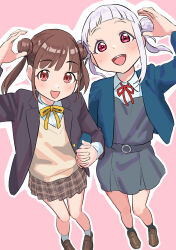  2girls absurdres arashi_chisato arched_bangs blazer blue_jacket brown_skirt commentary_request double_bun dress grey_dress hair_bun hairstyle_connection highres idolmaster idolmaster_shiny_colors jacket long_sleeves looking_at_viewer love_live! love_live!_superstar!! miniskirt multiple_girls neck_ribbon open_clothes open_jacket outline pinafore_dress pink_background plaid_clothes plaid_skirt pleated_skirt red_eyes red_ribbon ribbon short_dress sidelocks simple_background single_sidelock skirt sleeveless sleeveless_dress sonoda_chiyoko sweater tanaka_yaku twintails white_hair white_outline yellow_ribbon yellow_sweater 