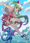  1girl bare_legs bracelet cape clouds dragon dress fire_emblem fire_emblem:_mystery_of_the_emblem fire_emblem_heroes full_body gloves green_eyes green_hair hair_ornament hair_ribbon jewelry kero_sweet long_hair looking_at_viewer open_mouth panties pointy_ears ponytail ribbon smile soles solo tiara tiki_(fire_emblem) underwear very_long_hair water 