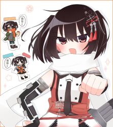  1girl black_gloves black_leggings black_neckerchief black_skirt brown_eyes buttons coat commentary double-breasted dress elbow_gloves fingerless_gloves gauntlets gloves green_coat hand_on_own_hip kantai_collection leggings multiple_views neckerchief orange_scarf orange_shirt pleated_dress punching sailor_collar sakurashage scarf school_uniform sendai_(autumn)_(kancolle) sendai_(kancolle) sendai_kai_ni_(kancolle) serafuku shirt short_hair skirt smile standing sunglasses translated two_side_up upper_body white_sailor_collar white_scarf 