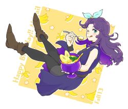 1girl :q abigail_(stardew_valley) banana banana_slice belt black_choker black_pantyhose blue_dress blue_eyes blue_ribbon boots breasts brown_belt brown_boots character_name choker closed_mouth commentary_request curtained_hair dress drink food from_side fruit full_body hair_ribbon happy_birthday holding holding_spoon maruo_(ciao15) medium_breasts one_eye_closed pantyhose purple_hair ribbon sleeveless sleeveless_dress smile solo spoon stardew_valley tongue tongue_out two-sided_dress two-sided_fabric 
