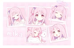  5girls absurdres bare_shoulders blue_archive blush bow closed_eyes closed_mouth collar commentary_request detached_sleeves donut_hair_bun english_text envelope flower frilled_hairband frilled_shirt frilled_skirt frills hair_bun hair_flower hair_ornament hairband halo hand_on_own_face head_only heart heart_print highres long_hair love_letter menglan_kio233 mika_(blue_archive) multiple_expressions multiple_girls open_mouth picture_frame pillow pink_background pink_hair pink_halo pink_theme profile shirt single_hair_bun skirt sleeping smile squinting straight_hair suspender_skirt suspenders white_bow white_collar yellow_eyes 