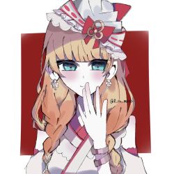  1girl blonde_hair blue_eyes blush bow bowtie braid commentary_request earrings hat hime_cut japanese_clothes jewelry long_hair looking_at_viewer magical_girl mahou_shoujo_no_inshuu_mura nontraditional_miko red_bow red_bowtie rito_mnsb shiba_chihane smile twin_braids 