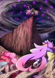  3girls absurdres ahoge akechi_anna antenna_hair attack battle black_bow black_capelet black_dress black_thighhighs blonde_hair bow braid brooch capelet cliff commentary cure_answer cure_arcana_shadow cure_mystique debris diamond_hairband double_bun dress electricity energy_ball fighting fingerless_gloves frilled_capelet frills gloves gradient_hair hair_bow hair_bun hair_intakes hair_ornament heart heart_brooch highres holding holding_staff hshs-965 impossible_hair jewelry kobayashi_mikuru leaning_forward long_hair looking_at_another magical_girl meitantei_precure! moria_luluka multicolored_hair multiple_girls outdoors pink_capelet pink_dress pink_hair precure purple_bow purple_capelet purple_dress purple_hair purple_veil red_bow red_eyes short_dress staff standing storm tear_arcana_rod thigh-highs twin_braids veil very_long_hair whirlwind wind wing_hair_ornament 