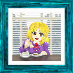  1girl blonde_hair cake commentary_request cup food fork holding holding_fork incoming_food kams maribel_hearn open_mouth red_ribbon ribbon short_hair sitting spoon teacup teeth touhou upper_teeth_only window window_shutter yellow_eyes zun_(style) 