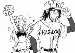  2girls :d ^_^ adjusting_clothes adjusting_headwear alternate_costume animal_ears bare_shoulders baseball_cap baseball_uniform blush cheerleader cho_kaguya-hime! closed_eyes closed_mouth colored_inner_hair commentary ears_through_headwear fox_ears fox_girl greyscale hair_bun hashtag-only_commentary hat highres holding holding_pom_poms jenjen layered_sleeves long_hair long_sleeves medium_hair miniskirt monochrome multicolored_hair multiple_girls navel open_mouth pleated_skirt pom_pom_(cheerleading) profile runami_yachiyo sakayori_iroha shirt short_over_long_sleeves short_sleeves side_ponytail simple_background single_side_bun skirt sleeveless sleeveless_shirt smile sportswear stomach thick_eyebrows untranslatable_commentary white_background 