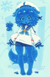  1girl :3 :d ahoge animal_ears arms_at_sides barefoot blue_background blue_eyes blue_hair blue_neckerchief blue_sailor_collar blush_stickers commentary dog_ears dog_girl dog_tail double-parted_bangs drooling english_commentary full_body furry furry_female hair_between_eyes highres long_sleeves looking_at_viewer mouth_drool neckerchief open_mouth original sailor_collar school_uniform serafuku shirt short_hair short_shorts shorts sillydogjoe smile solo standing tail thick_eyebrows white_shirt 