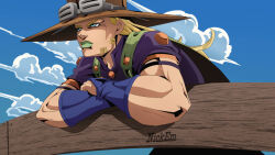  1boy araki_hirohiko_(style) armband artist_name blonde_hair blue_bridal_gauntlets blue_eyes bridal_gauntlets brown_hat cape clouds cowboy_hat crossed_arms day english_commentary fence goggles goggles_on_headwear green_cape green_lips gyro_zeppeli hat high_collar jojo_no_kimyou_na_bouken long_hair makeup male_focus nick_em official_style orange_sleeves outdoors purple_armband purple_shirt purple_sleeves shirt shorts sky solo steel_ball_run two-tone_sleeves 