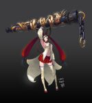  1girl arm_up armpits bare_shoulders black_background brown_legwear chain closed_mouth cloud_print dragon dragon_print eastern_dragon gem gradient gradient_background holding holding_staff holding_weapon huge_weapon kysso long_hair magatama navel orange_eyes original red_footwear red_gemstone red_ribbon red_skirt ribbon shiny shiny_hair shiny_skin signature skirt solo staff thigh-highs twintails weapon 