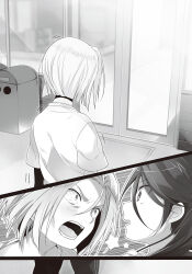  029 1boy 1girl blush curtained_hair cut-in door from_behind greyscale hair_between_eyes hand_on_another's_shoulder hataraku_maou-sama! highres kamazuki_suzuno long_hair monochrome motion_lines novel_illustration official_art open_mouth pants profile sarue_mitsuki shirt short_hair short_sleeves speed_lines standing star_(symbol) sweat t-shirt third-party_source trash_can v-shaped_eyebrows 