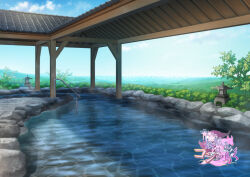  architecture bush clouds commentary_request copyright_logo day east_asian_architecture logo mizui_xl no_humans official_art onsen outdoors rock scenery steam stone_lantern tile_roof tree water youko-san_wa_kon_to_naku 