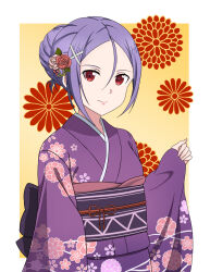  1girl artist_request back_bow bad_id bad_pixiv_id black_bow border bow breasts closed_mouth double-parted_bangs floral_background floral_print floral_print_kimono flower gradient_background grey_sash hair_between_eyes hair_bun hair_flower hair_ornament hair_ribbon hand_up highres japanese_clothes kimono long_sleeves looking_at_viewer medium_hair outside_border pink_flower pink_ribbon pink_rose print_kimono red_eyes red_kimono ribbon rose sidelocks small_breasts smile solo sword_art_online sword_art_online_progressive tozawa_misumi upper_body variant_set white_border wide_sleeves x_hair_ornament yellow_background yukata 