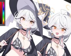  :d @_@ ahoge black_bra black_choker black_jacket blue_archive bow bra breasts choker commentary dong_ji earrings eri_(blue_archive) flustered hair_between_eyes halo hat jacket jewelry large_breasts long_hair multicolored_hair multiple_views necklace print_bra single_earring smile streaked_hair underwear untranslatable_commentary white_bow white_hair wizard_hat yellow_eyes yellow_halo 