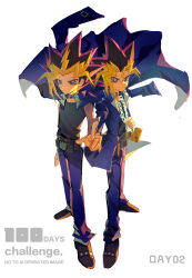  2boys absurdres back-to-back belt belt_pouch black_belt black_collar black_hair black_tank_top blonde_hair blue_jacket blue_pants bright_pupils brown_shoes chain chain_necklace chunye_xiuluo closed_mouth collar commentary_request dual_persona english_text full_body highres holding holding_jewelry holding_necklace jacket jacket_on_shoulders jewelry looking_at_viewer male_focus matching_hairstyle millennium_puzzle multicolored_hair multiple_boys muto_yugi necklace open_clothes open_jacket outstretched_arm pants pouch shoes simple_background spiky_hair standing tank_top violet_eyes white_background white_pupils yami_yugi yu-gi-oh! yu-gi-oh!_duel_monsters 
