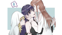  3girls black_dress blonde_hair blue_eyes clothing_cutout commentary dress dual_persona english_commentary final_fantasy final_fantasy_xiv gaia_(ff14) girl_sandwich hand_in_another's_hair highres kiss kissing_cheek long_hair multiple_girls obscuremisty parted_lips purple_hair red_lips ryne_waters sandwiched shiva_(final_fantasy) shoulder_cutout spoken_sweatdrop sweatdrop veil violet_eyes white_dress yuri 