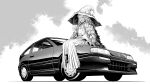  car closed_mouth commentary dress elden_ring english_commentary extra_arms extra_eyes fur_coat greyscale ground_vehicle hat highres honda_cr-x looking_at_viewer making-of_available monochrome motor_vehicle one_eye_closed ranni_the_witch sitting witch_hat y_naf 