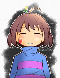  1other 2023 2d ambiguous_gender artist_name black_background blue_sweater brown_hair child commentary digital_media double_horizontal_stripe english_commentary flower flower_on_head frisk_(undertale) gradient_background heart highres horizontal-striped_clothes human long_sleeves making-of_available other_focus outline pink_stripes portrait short_hair simple_background solo sparkle straight-on striped_clothes striped_sweater sweater thedavidart two-tone_background two-tone_sweater undertale utdr_(toby_fox) white_background white_outline yellow_flower 