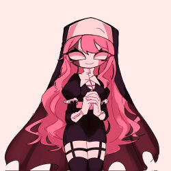  1girl belt black_dress black_thighhighs black_veil blank_eyes breasts brown_background closed_mouth collared_shirt colored_skin commentary_request corrupted_twitter_file covered_groin cowboy_shot cxolzayti1bx36l double-parted_bangs dress eyes_visible_through_hair friday_night_funkin' garter_straps hair_between_eyes hair_over_shoulder highres interlocked_fingers layered_sleeves long_hair long_sleeves looking_at_viewer medium_breasts no_nose nun nun_headdress own_hands_clasped own_hands_together pencil_dress pink_belt pink_hair puffy_short_sleeves puffy_sleeves sarvente_(friday_night_funkin') shirt short_dress short_over_long_sleeves short_sleeves sidelocks simple_background single_eyebrow smile solo standing thigh-highs veil very_big_eyes very_long_hair wavy_hair white_shirt white_skin wrist_cuffs zettai_ryouiki 