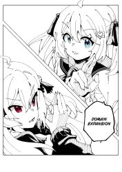  2girls absurdres ahoge blue_eyes cardigan commentary commission crossed_fingers domain_expansion english_commentary evil_neuro-sama from_side haho hair_between_eyes hair_ribbon highres jujutsu_kaisen long_hair long_sleeves multiple_girls neuro-sama open_mouth red_eyes ribbon sailor_collar siblings sisters spot_color torn_hair_ribbon twins two_side_up vedal_ai virtual_youtuber 
