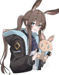  1girl amiya_(arknights) animal_ears arknights ascot black_jacket blue_ascot blue_eyes blush brown_hair character_doll congroo cropped_torso doll hair_between_eyes highres holding hood hooded_jacket jacket jewelry long_hair long_sidelocks long_sleeves looking_at_viewer multiple_rings open_clothes open_jacket open_mouth ponytail rabbit_ears rabbit_girl ring sidelocks simple_background smile stuffed_animal stuffed_toy very_long_hair white_background 