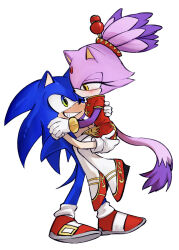  1boy 1girl alternate_costume blaze_the_cat carrying carrying_person cat_girl dress forehead_jewel furry furry_female furry_male green_eyes grin hedgehog_boy hetero highres looking_at_another pants red_dress red_shoes satosi_peter shoes simple_background smile sonic_(series) sonic_the_hedgehog tail topknot white_background white_pants 