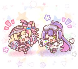  2girls ;d blonde_hair bow character_name cheerleader chibi commentary_request crop_top fang goggles goggles_on_head green_eyes hair_bow highres holding holding_megaphone hololive hood hood_down hoodie long_hair long_sleeves looking_at_viewer megaphone midriff mitarashi_neko momosuzu_nene momosuzu_nene_(cheerleader) multicolored_hair multiple_girls navel notice_lines one_eye_closed pink_bow pink_hair pink_skirt pom_pom_(cheerleading) ponytail puffy_long_sleeves puffy_sleeves purple_hair side_ponytail skirt smile socks star_(symbol) tokoyami_towa tokoyami_towa_(cyberpunk) two-tone_hair very_long_hair virtual_youtuber white_background white_hoodie white_socks 
