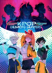  3boys 3girls absurdres alternate_hairstyle aqua_shirt arm_behind_back bare_arms black_gloves black_hair black_jacket black_lips black_sclera black_shorts black_vest blonde_hair blossom_(ppg) blue_choker blue_eyes blue_pants body_markings boomer_(ppg) bow brick_(ppg) brothers bubbles_(ppg) butch_(ppg) buttercup_(ppg) choker claws collarbone colored_sclera copyright_name cosplay crop_top double_bun evil_grin evil_smile fazfuri fingerless_gloves gloves green_eyes green_shirt grin hair_between_eyes hair_bow hair_bun highres holding holding_microphone hood hoodie jacket jewelry kpop_demon_hunters layered_sleeves long_hair long_sleeves looking_at_viewer makeup mascara microphone mira_(kpop_demon_hunters) mira_(kpop_demon_hunters)_(cosplay) multiple_boys multiple_girls navel necklace open_clothes open_jacket orange_hair pants pink_eyes ponytail powerpuff_girls red_bow red_eyes rowdyruff_boys rumi_(kpop_demon_hunters) rumi_(kpop_demon_hunters)_(cosplay) shirt short_hair short_over_long_sleeves short_sleeves shorts siblings skirt sleeveless sleeveless_shirt smile star_(symbol) star_choker star_necklace twitter_username vest white_shirt yellow_jacket yellow_skirt zoey_(kpop_demon_hunters) zoey_(kpop_demon_hunters)_(cosplay) 