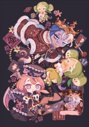  ! !! ... 1boy 2girls ? animal apple apple_faerie_cookie black_background black_cape black_gloves black_hat black_jacket black_pants black_shirt blue_eyes blue_hair boots brooch brown_pupils bubble_skirt candy_apple_cookie cape card character_request chibi choker closed_mouth clothed_animal collared_shirt colored_eyelashes colored_skin cookie_run cookie_run:_kingdom crown demon_wings dress dress_under_skirt eye_print flower food food-themed_hair_ornament frilled_choker frills fruit fur-trimmed_cape fur_trim gingerbread_man gloves gold_crown gradient_eyes green_apple green_boots green_hair green_skirt grey_eyes grey_skin hair_ornament hand_on_own_chin hand_on_own_hip hands_on_own_cheeks hands_on_own_face hat head_wings heart heart-shaped_pupils heterochromia high_heel_boots high_heels holding holding_animal holding_quill holding_rabbit jacket jewelry kanaizu_yh lace-trimmed_skirt lace_trim lock long_sleeves medium_dress miniskirt multicolored_eyes multicolored_hair multiple_girls multiple_wings official_alternate_costume open_clothes open_jacket orange_boots orange_eyes orange_hair pants pink_flower pink_rose playing_card pom_pom_(clothes) poster_(object) quill rabbit red_cape red_skirt rose scar scar_across_eye scar_on_face scroll shadow_milk_cookie shadow_milk_cookie_(an_ad-lib_ending) shirt short_hair simple_background skirt smile snake speech_bubble spoken_ellipsis spoken_exclamation_mark spoken_question_mark stab striped_clothes striped_skirt sword symbol-shaped_pupils tarot tarot_card two-tone_hair vertical-striped_clothes vertical-striped_skirt violet_eyes weapon white_boots white_dress white_eyeshadow white_hair white_rabbit_(animal) white_wings white_wrist_cuffs wings wrist_cuffs 