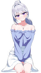  1girl absurdres bare_shoulders between_legs blue_shirt blush bow breasts closed_mouth collarbone commentary_request feet_out_of_frame frilled_shirt frills grey_hair hair_intakes hand_between_legs head_tilt high_ponytail highres ine_(vtuber) invisible_chair jewelry korean_commentary long_hair long_sleeves looking_at_viewer maji-tensi-lilpa medium_breasts mole mole_under_eye necklace off-shoulder_shirt off_shoulder partial_commentary pleated_skirt ponytail shirt simple_background sitting skirt smile solo v_arms violet_eyes virtual_youtuber waktaverse white_background white_skirt 