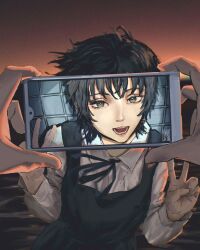  1girl 1other 2023 black_dress black_hair cellphone commentary_request different_viewfinder double_v dress eri_(sayonara_eri) film_grain green_eyes highres holding holding_phone neck_ribbon open_mouth phone pinafore_dress pov pov_hands ribbon sayonara_eri shirt short_hair signature sleeveless sleeveless_dress smartphone smile taorotana upper_body v white_shirt 