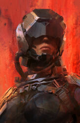  1girl black_bodysuit bodysuit borkur breasts closed_mouth commentary english_commentary eve:_valkyrie eve_online helmet highres lips medium_breasts nose photoshop_(medium) pilot pilot_helmet realistic red_background science_fiction solo upper_body valkyrie_(eve_online) 