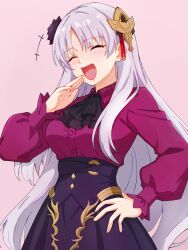  1girl arsti_11 ascot belt black_ascot fate/strange_fake fate_(series) fillia_(fate) flower hair_flower hair_ornament highres long_hair long_sleeves o-ring o-ring_belt puffy_long_sleeves puffy_sleeves purple_flower purple_rose red_shirt rose shirt shirt_tucked_in simple_background skirt solo white_hair 