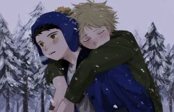  2boys blue_hat blue_jacket blush brown_eyes carrying carrying_person chullo chunai_tuju closed_eyes craig_tucker green_shirt grey_shirt grey_sky hat highres jacket long_sleeves male_focus multiple_boys open_clothes open_jacket open_mouth outdoors piggyback pine_tree shirt sky snow snowing south_park tree tweek_tweak upper_body winter 