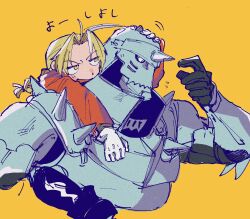  2boys ahoge armor black_gloves black_pants blonde_hair braid brothers coat cocked_eyebrow cropped_torso edward_elric flying_sweatdrops full_armor fullmetal_alchemist gloves hand_on_another's_head helmet highres horns hug hug_from_behind kan29 light_blush long_hair male_focus multiple_boys open_mouth pants parted_bangs plate_armor plume red_coat shoulder_spikes siblings single_braid single_horn sketch smile spikes upper_body white_gloves yellow_background yellow_eyes 