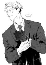  1boy collared_shirt commentary_request dated dutch_angle gloves greyscale highres itadori_yuuji jacket jujutsu_kaisen male_focus monochrome necktie scar scar_on_face shirt single_glove suit tiyu0710 twitter_username upper_body white_background 