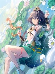  1girl absurdres bare_shoulders barefoot bird blue_background blue_hair bra bridal_gauntlets chinese_clothes chinese_commentary clothing_cutout commentary_request detached_sleeves dress duck earrings fire floating flower hair_between_eyes hair_intakes hair_ornament hairclip headpiece highres honkai:_star_rail honkai_(series) jewelry knees_up long_hair looking_at_viewer looking_to_the_side lying lying_on_water navel on_back open_mouth orange_eyes outdoors pendant petals red_nails ripples short_sleeves soles solo stomach thighlet underwear upper_body water wet yu_(yuqi275602) yunli_(honkai:_star_rail) 