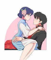  1boy 1girl black_hair blue_eyes blue_hair braid brown_eyes chinese_clothes closed_mouth eye_contact flower hair_flower hair_ornament hand_on_another's_shoulder hand_on_another's_waist hetero highres looking_at_another ohmagaby pink_flower ranma_1/2 saotome_ranma short_hair single_braid sitting sitting_on_lap sitting_on_person tendou_akane 