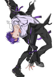  1boy arched_back arm_out_of_frame arm_up bandaged_hand bandages black_jacket black_pants black_shoes drawstring dynamic_pose floating_clothes green_eyes hashtag-only_commentary hood hoodie jacket jacket_over_hoodie jewelry kenmochi_touya kenmochi_touya_(8th_costume) ktbu_o long_sleeves looking_ahead male_focus necklace nijisanji official_alternate_costume official_alternate_hairstyle open_clothes open_jacket open_mouth outstretched_arms pants parted_bangs purple_hair shoes short_hair side_part simple_background sneakers solo spread_arms standing teeth twitter_username upper_teeth_only virtual_youtuber white_background white_hoodie zipper zipper_pull_tab 