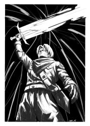  1boy arm_up bandana bandana_around_neck black_background border broken broken_sword broken_weapon dbrxe dragon_ball dragon_ball_super energy_sword highres holding holding_sword holding_weapon jacket pants short_hair simple_background solo sword trunks_(dragon_ball) trunks_(future)_(dragon_ball) weapon white_border 