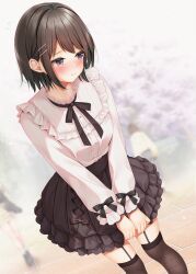  1girl 2others black_bow black_bowtie black_skirt black_thighhighs blurry blurry_background blush bow bowtie breasts buttons cherry_blossoms commentary_request cowboy_shot day depth_of_field embarrassed flying_sweatdrops frilled_shirt frilled_skirt frills garter_straps hair_ornament highres layered_skirt long_sleeves looking_to_the_side medium_hair minato_ojitan multiple_others original outdoors pink_shirt shirt skirt small_breasts solo_focus standing thigh-highs x_hair_ornament 