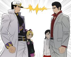  2boys 2girls cdtxufre child clash father_and_daughter formal_clothes gakuran highres jojo_no_kimyou_na_bouken kiryu_kazuma kujo_jolyne kujo_jotaro male_focus multiple_boys multiple_girls rivalry ryuu_ga_gotoku_(series) school_uniform stone_ocean suit 