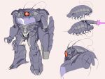  absurdres antennae arm_cannon brown_background cannon decepticon english_commentary firing highres isopod laser mecha multiple_views one-eyed red_eyes redesign robot science_fiction shockwave_(transformers) sphagnumspores transformers weapon 